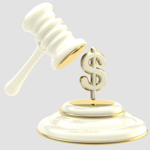 Penalty and fine illustration as isolated golden and glossy gavel breaking dollar sign